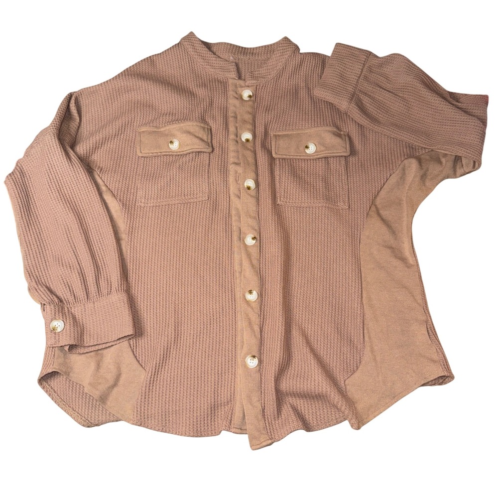 Waffle Knit tab Button Down Shirt Mixed Media Thermal Shacket size XXL‎